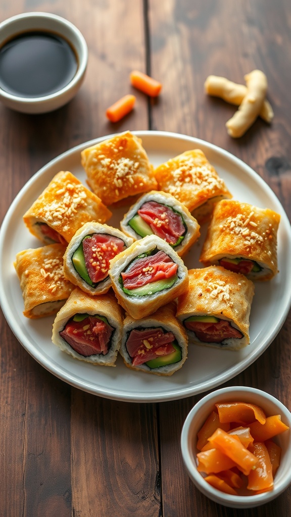 Crispy spicy tuna hot rolls served with soy sauce and garnishes on a wooden table.